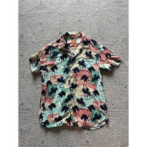 Free Planet‎ Short Sleeve Button Shirt - Palm Tree Multicolor Pattern - Medium -